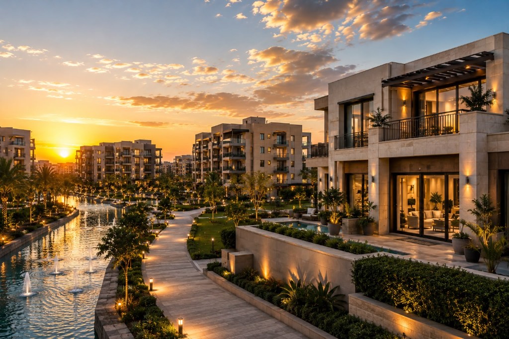 Residential development with landscaped waterfront at sunset